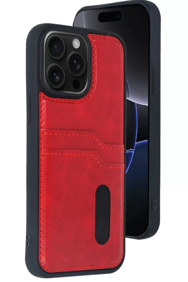 Newface Apple iPhone 14 Pro Max Kılıf Sara Kartvizitli Deri Kılıf - Kırmızı