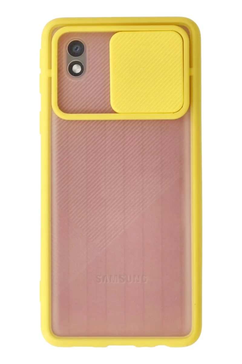 Newface Samsung Galaxy A01 Core Kılıf Palm Buzlu Kamera Sürgülü Silikon - Sarı