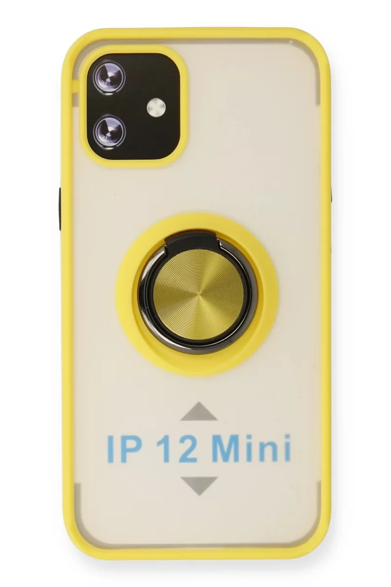 Newface Apple iPhone 12 Mini Kılıf Montreal Yüzüklü Silikon Kapak - Sarı