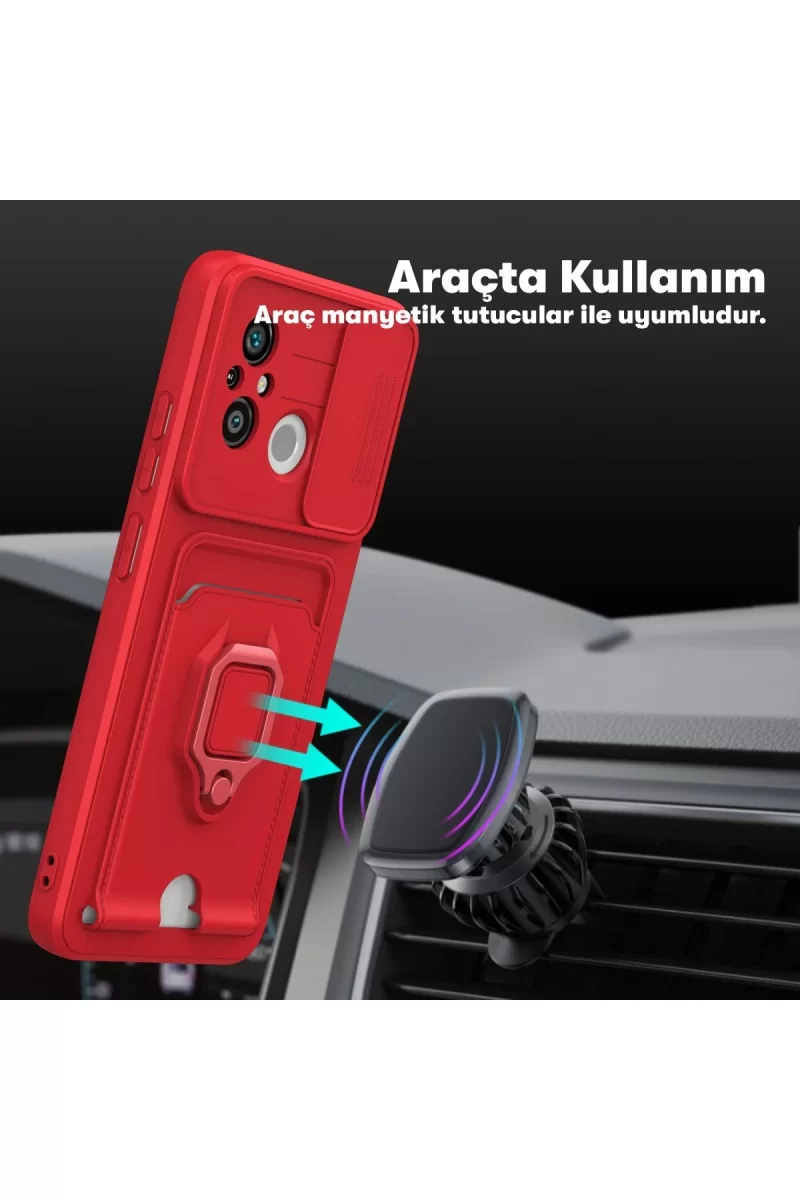 Newface Xiaomi Redmi 12C Kılıf Zuma Kartvizitli Yüzüklü Silikon - Kırmızı