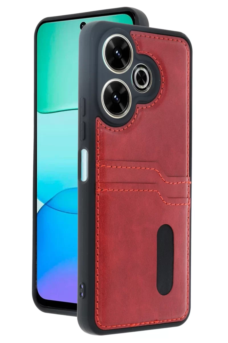 Newface Xiaomi Redmi 13 4G Kılıf Sara Kartvizitli Deri Kılıf - Kırmızı