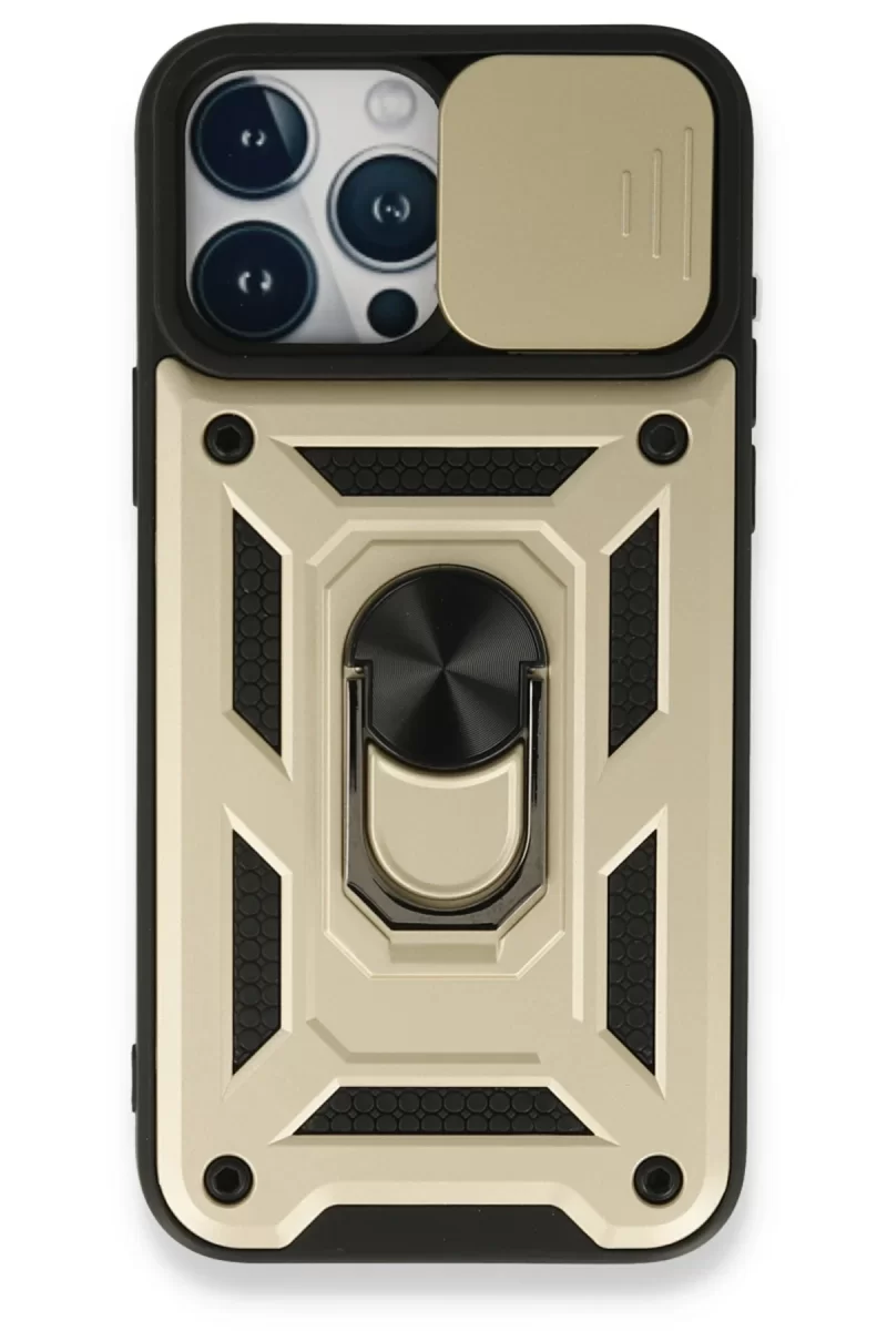 Newface Apple iPhone 15 Pro Max Kılıf Pars Lens Yüzüklü Silikon - Gold
