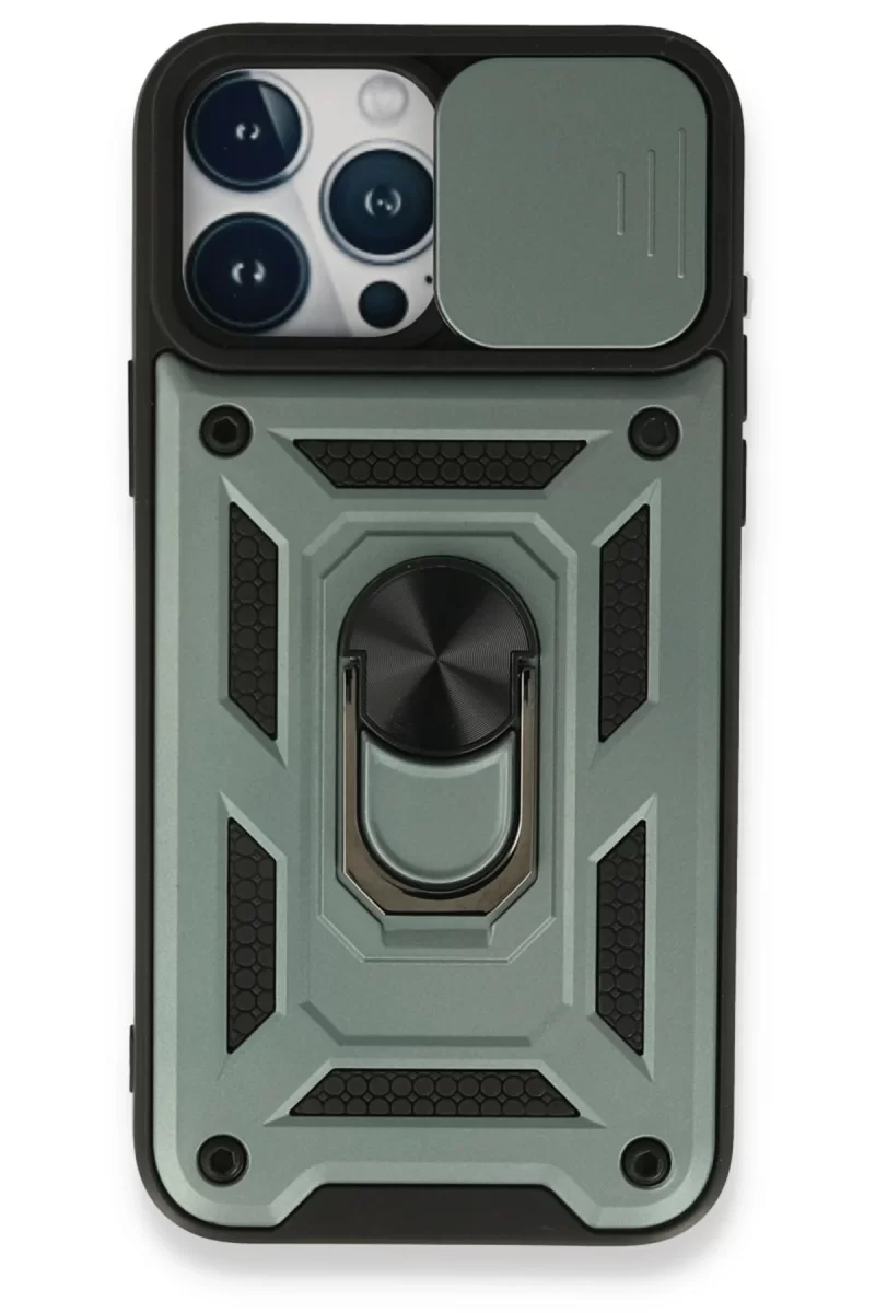 Newface Apple iPhone 15 Pro Max Kılıf Pars Lens Yüzüklü Silikon - Yeşil