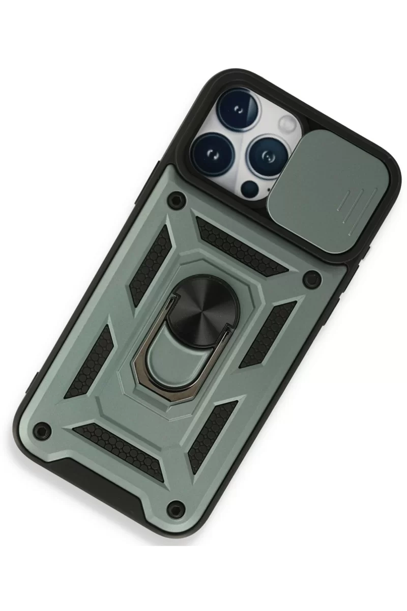 Newface Apple iPhone 15 Pro Max Kılıf Pars Lens Yüzüklü Silikon - Yeşil