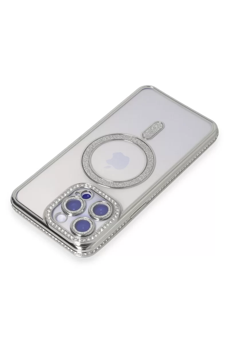 Newface Apple iPhone 15 Pro Kılıf Joke Simli Magneticsafe Kılıf - Gümüş