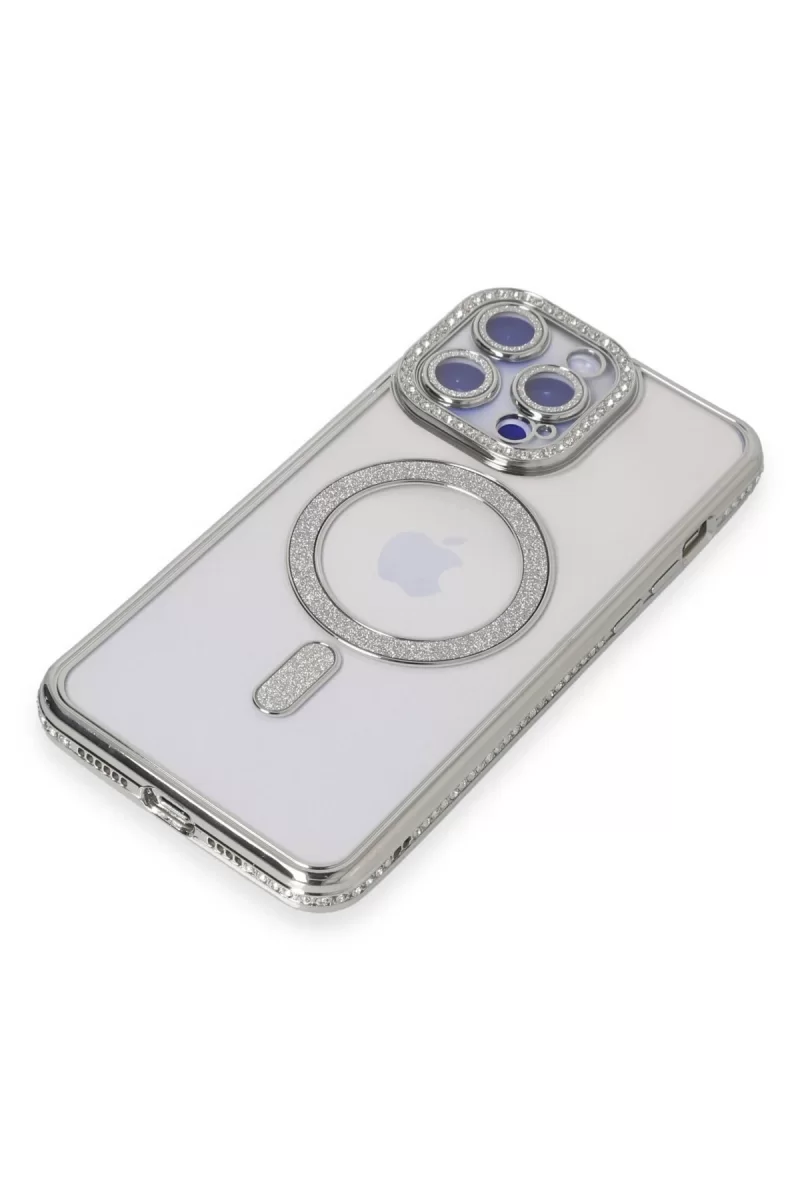 Newface Apple iPhone 15 Pro Kılıf Joke Simli Magneticsafe Kılıf - Gümüş