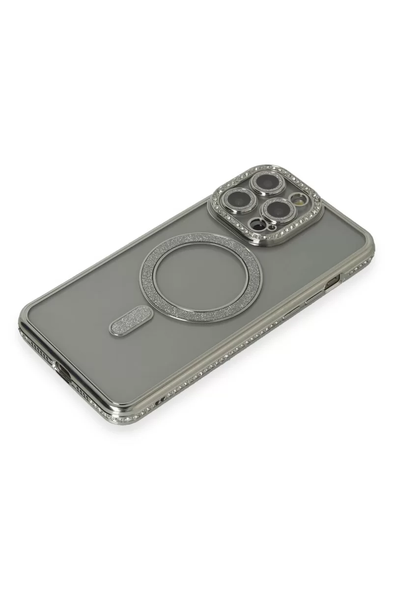 Newface Apple iPhone 15 Pro Kılıf Joke Simli Magneticsafe Kılıf - Gri