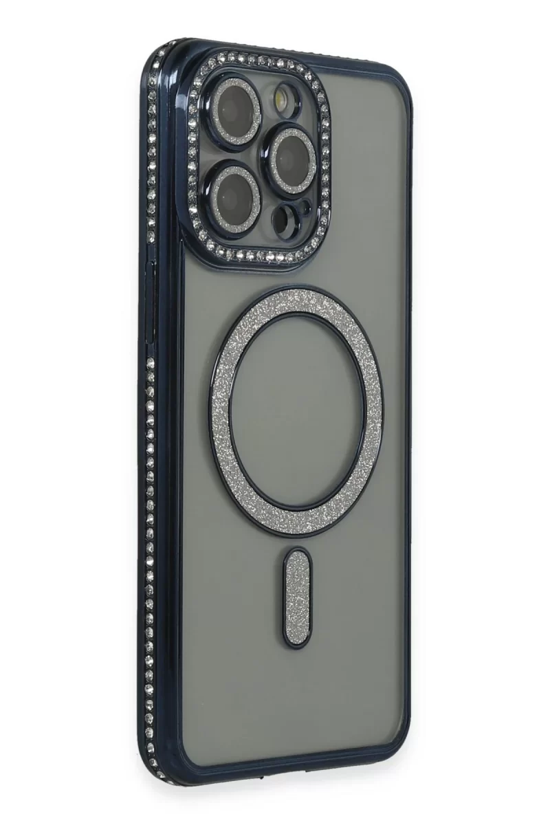 Newface Apple iPhone 15 Pro Kılıf Joke Simli Magneticsafe Kılıf - Lacivert