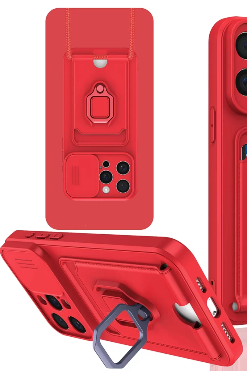 Newface Apple iPhone 15 Pro Max Kılıf Zuma Kartvizitli Yüzüklü Silikon - Kırmızı
