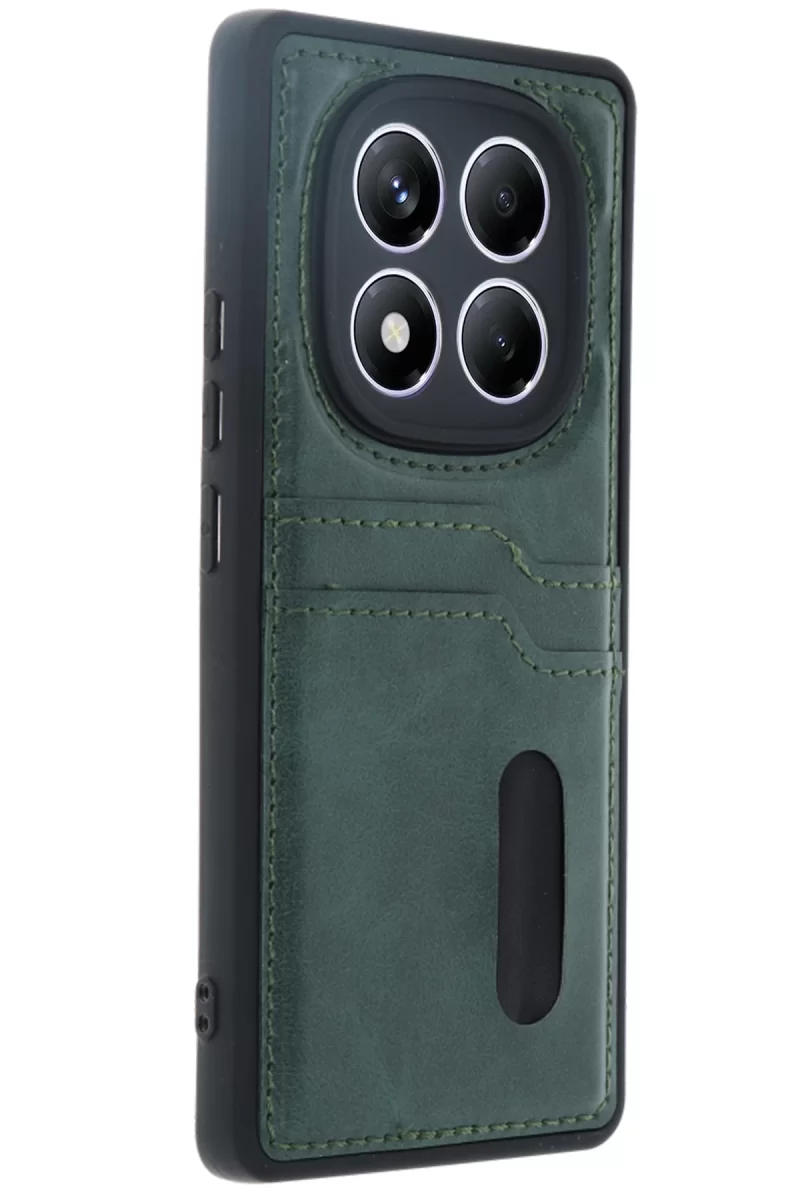 Newface Xiaomi Redmi Note 14 Pro 5G Kılıf Sara Kartvizitli Deri Kılıf - Koyu Yeşil