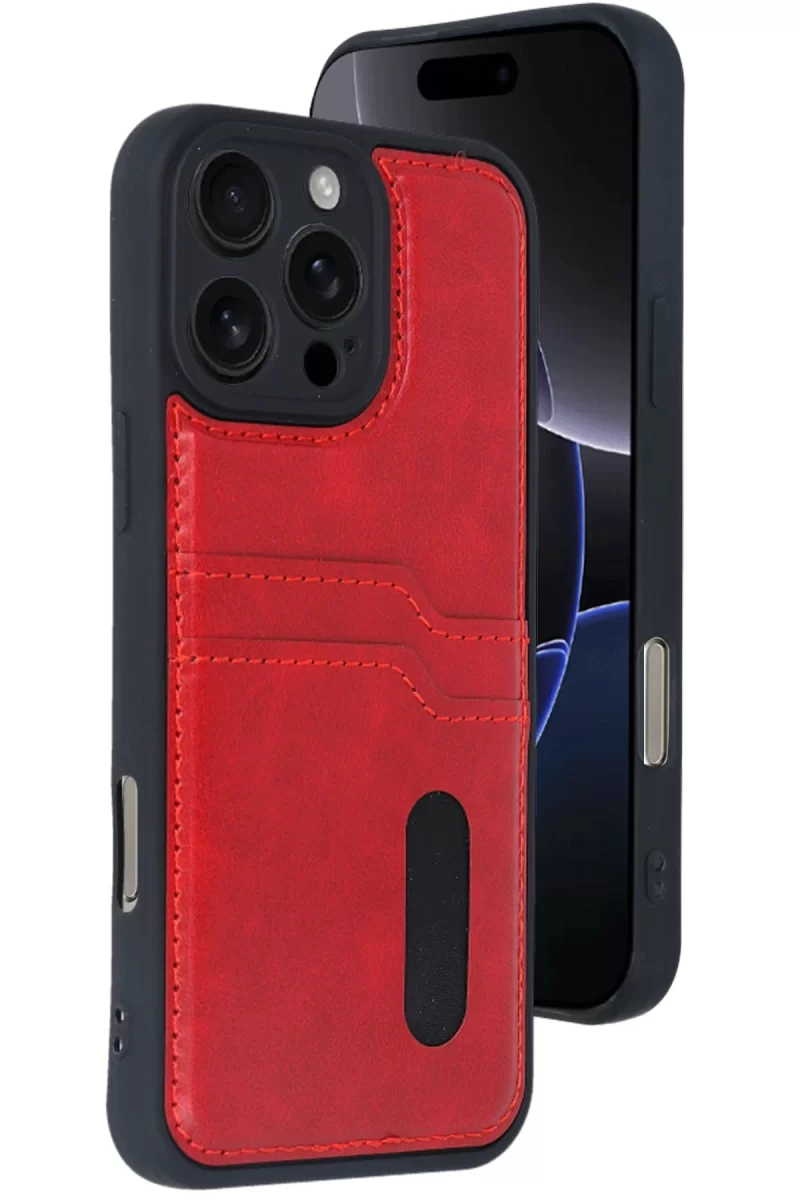 Newface Apple iPhone 16 Pro Kılıf Sara Kartvizitli Deri Kılıf - Kırmızı