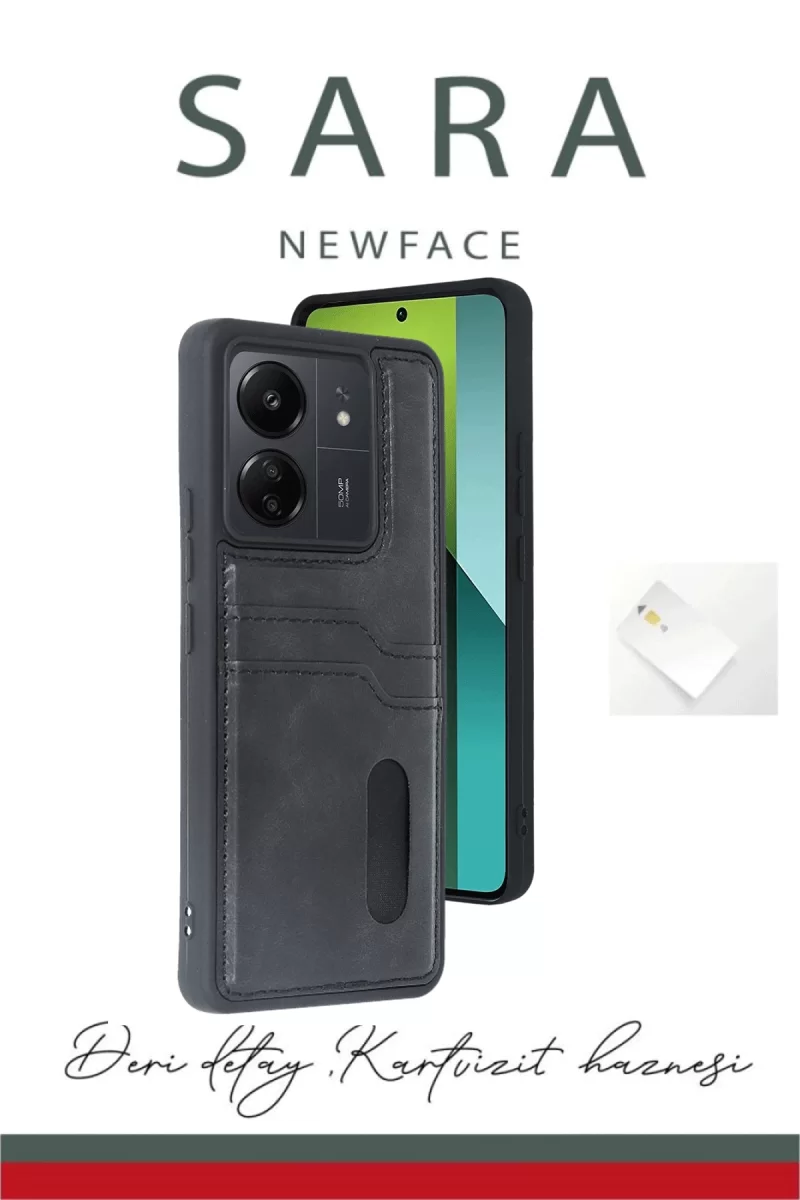 Newface Xiaomi Redmi 13C Kılıf Sara Kartvizitli Deri Kılıf - Siyah