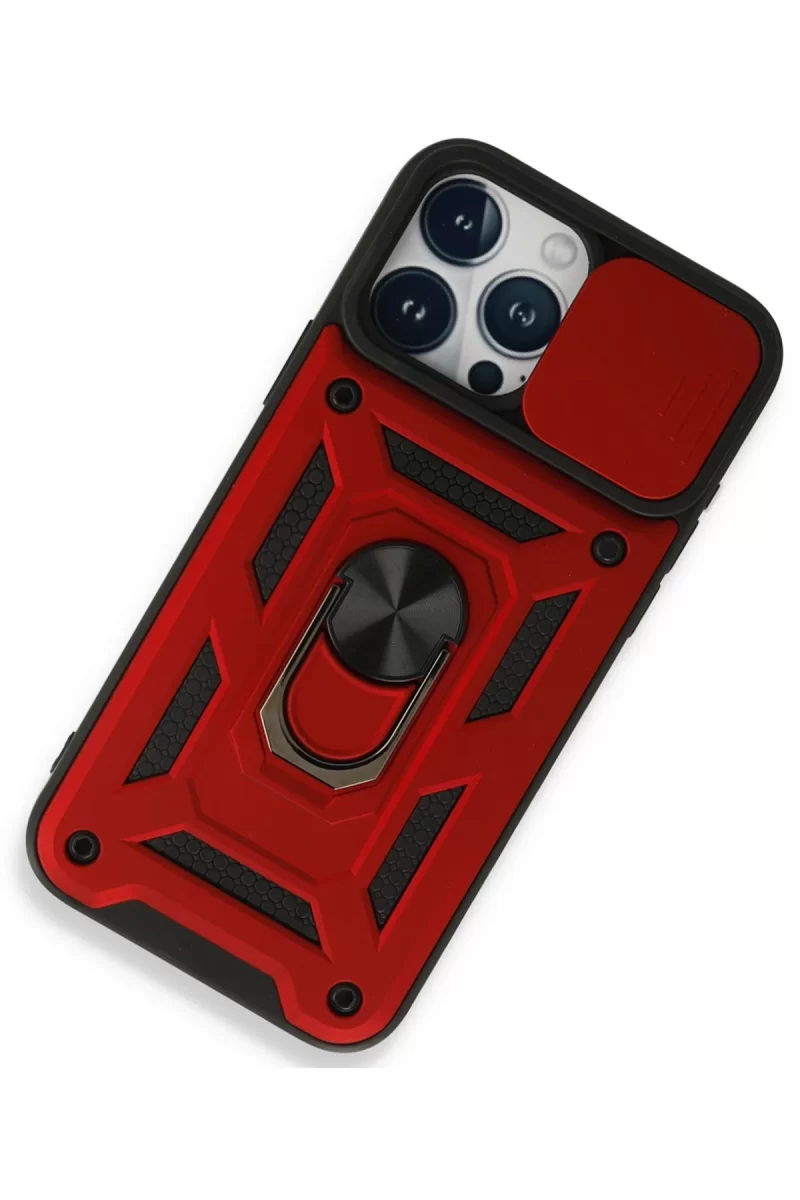 Newface Apple iPhone 15 Pro Max Kılıf Pars Lens Yüzüklü Silikon - Kırmızı