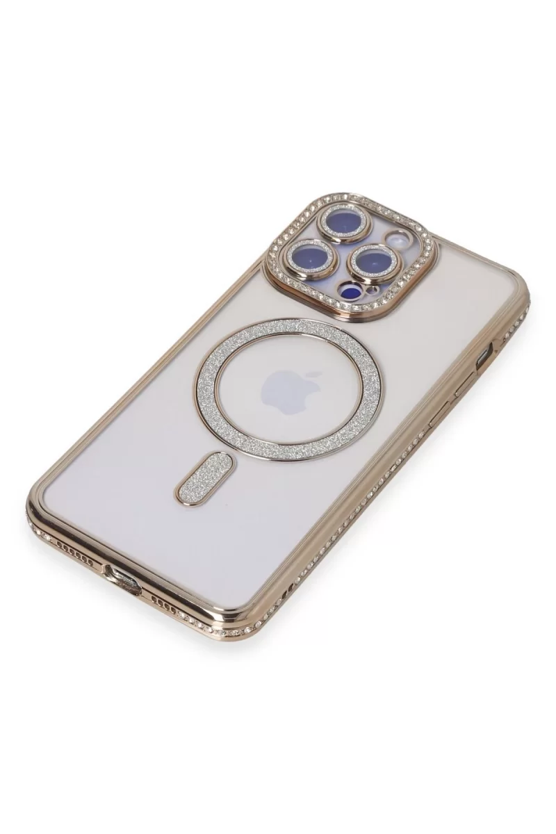 Newface Apple iPhone 15 Pro Kılıf Joke Simli Magneticsafe Kılıf - Gold