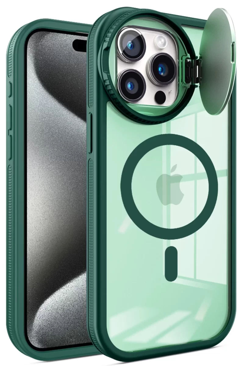 Newface Apple iPhone 15 Pro Kılıf Teleskop Lens Magsafe Silikon Kapak - Koyu Yeşil