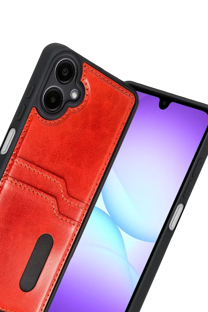Newface Samsung Galaxy A07 4G Sara Kartvizitli Deri Kılıf - Kırmızı