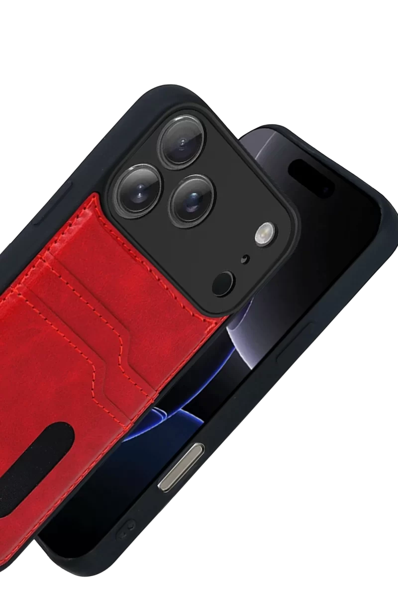Newface Apple iPhone 17 Pro Sara Kartvizitli Deri Kılıf - Kırmızı