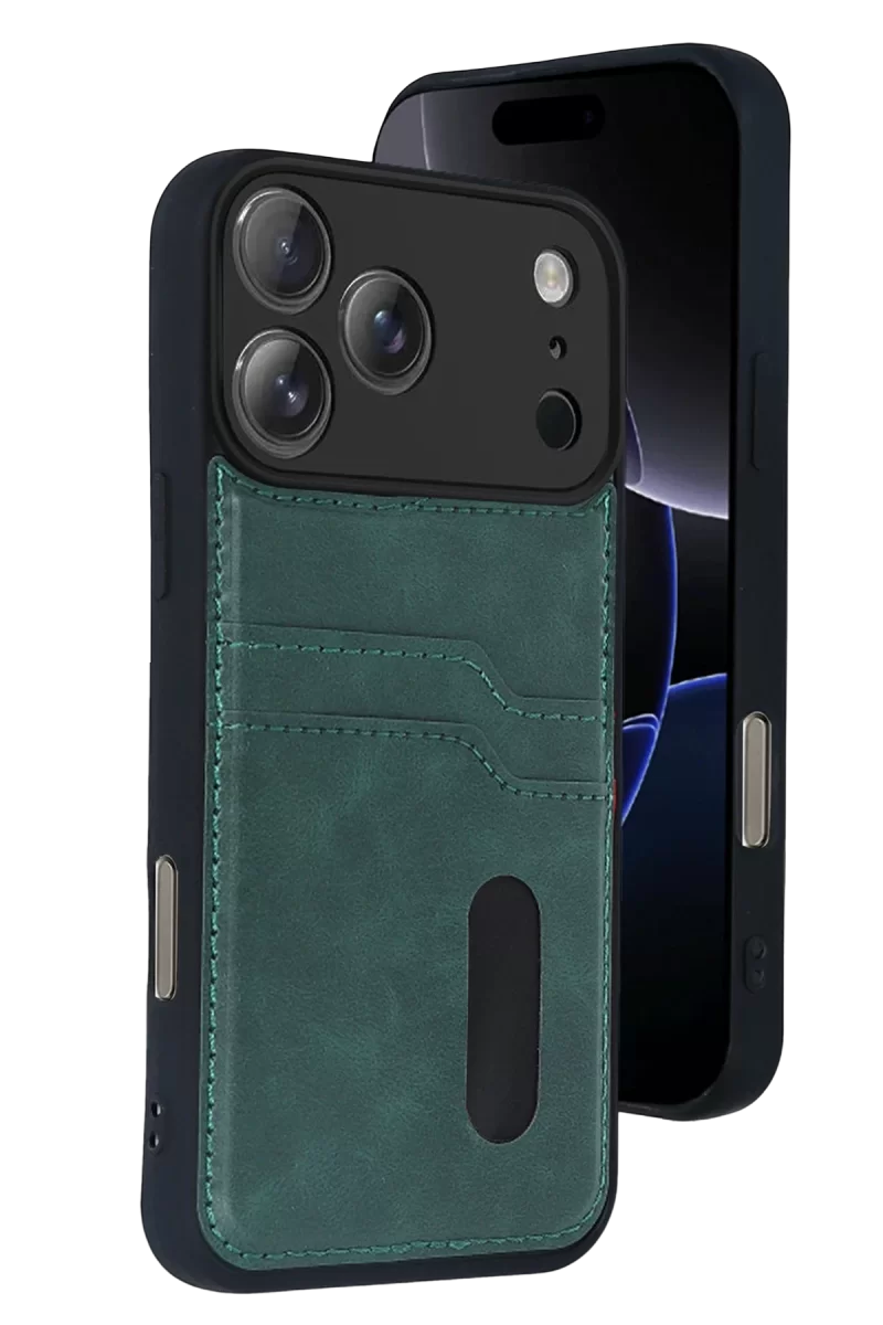 Newface Apple iPhone 17 Pro Sara Kartvizitli Deri Kılıf - Yeşil