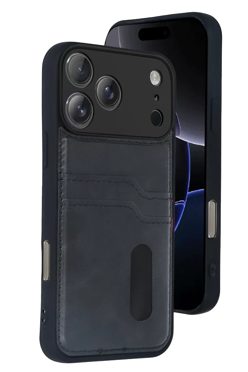 Newface Apple iPhone 17 Pro Max Sara Kartvizitli Deri Kılıf - Siyah