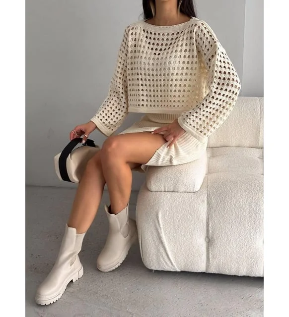 Triko Delikli Kazak Elbise Takım-Bej