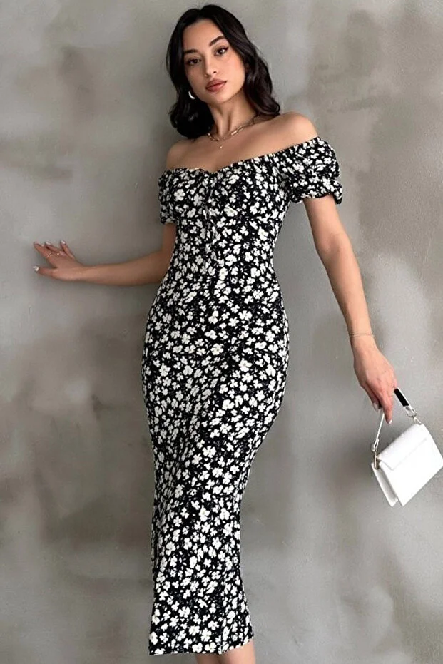 Papatya Desen Karpuz Kol Siyah Elbise