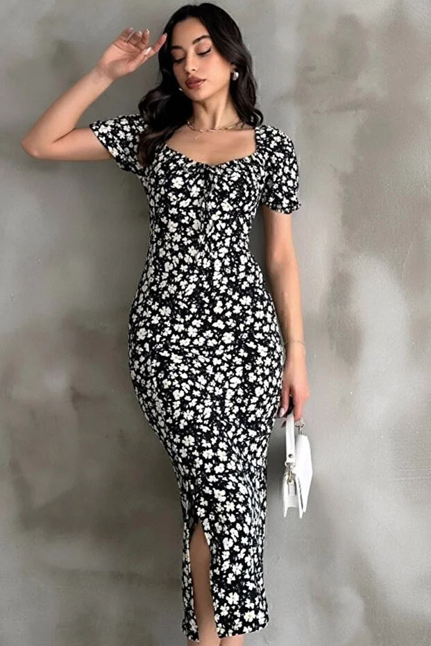 Papatya Desen Karpuz Kol Siyah Elbise