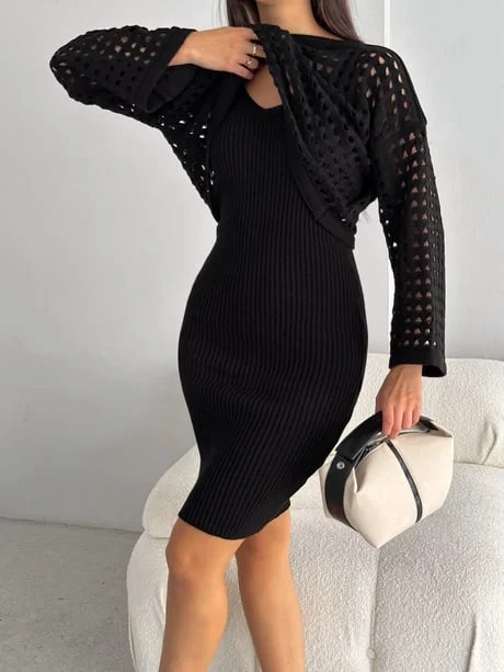 Kadın Delikli Kazak Askılı Elbise Triko Kumaş İkili Takım