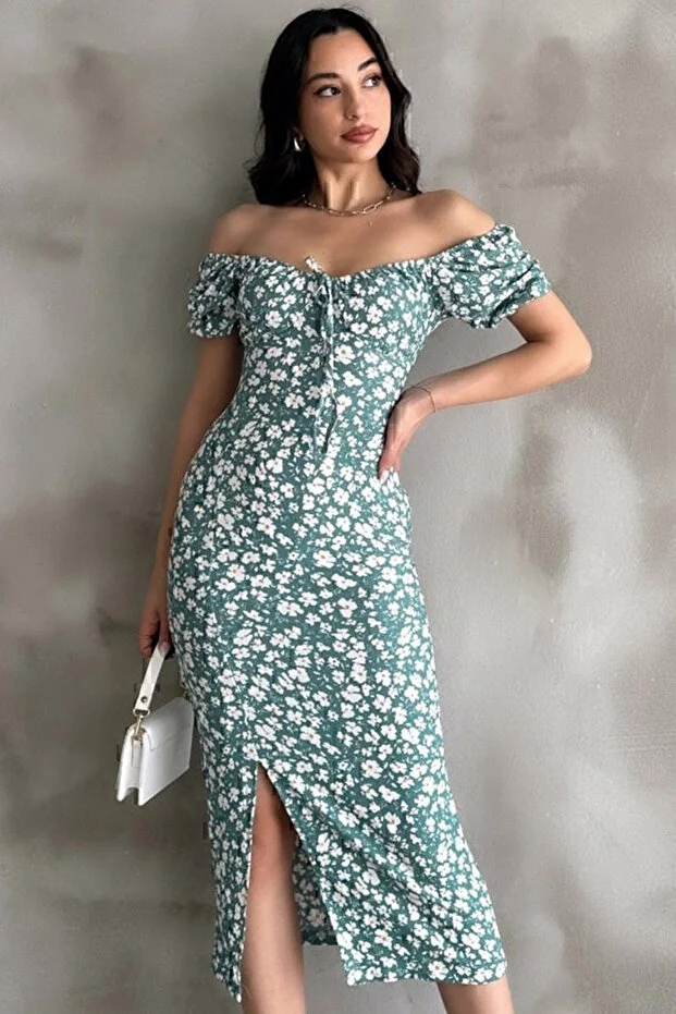 Mint Yeşili Desenli Yırtmaçlı Midi Elbise