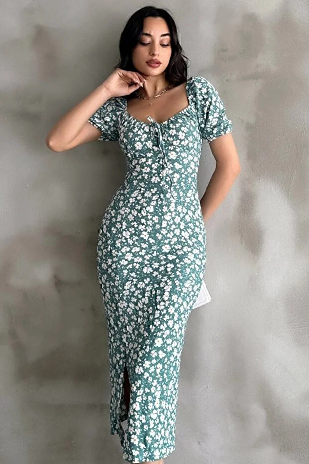 Mint Yeşili Desenli Yırtmaçlı Midi Elbise