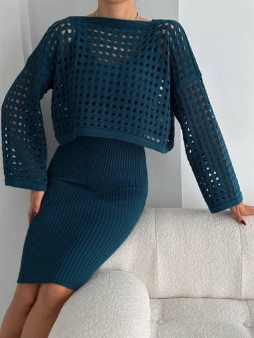 Kadın Delikli Kazak Askılı Elbise Triko Kumaş İkili Takım – Petrol