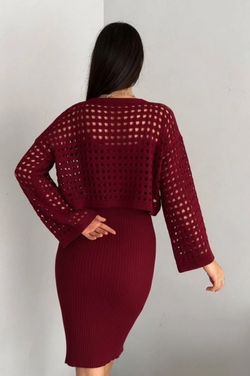 Kadın Delikli Kazak Askılı Elbise Triko Kumaş İkili Takım - Bordo