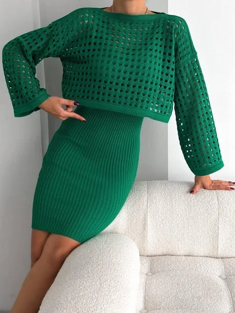 Kadın Delikli Kazak Askılı Elbise Triko Kumaş İkili Takım - Yeşil