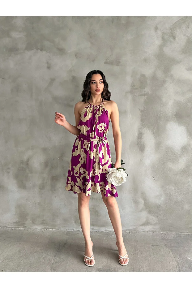 Kadın Mürdüm Bej Desenli Halter Yaka Kuşaklı Yazlık Elbise