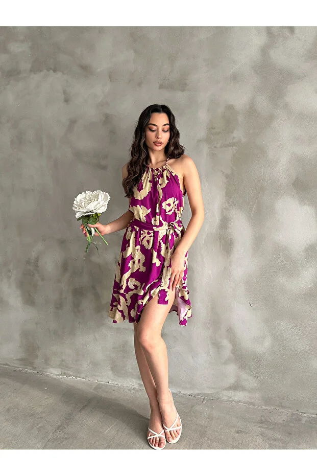 Kadın Mürdüm Bej Desenli Halter Yaka Kuşaklı Yazlık Elbise