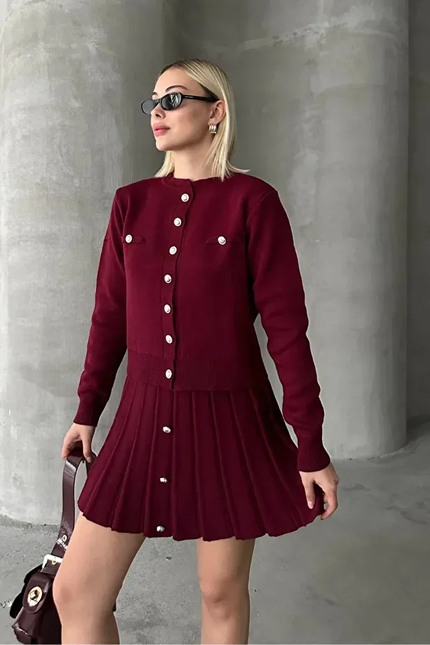 Kadın Triko Mini Etek Hırka Takım – Bordo