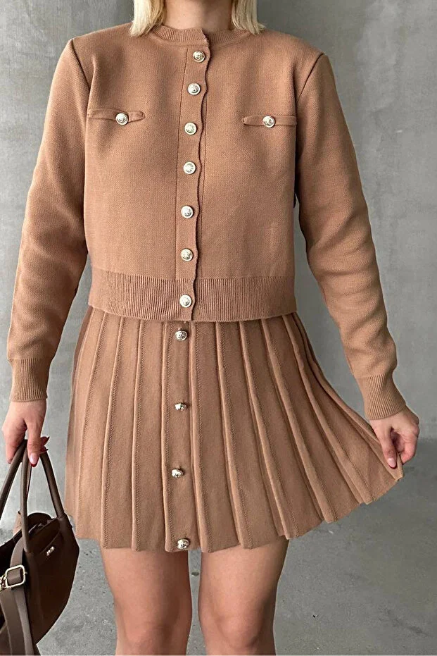 Kadın Triko Mini Etek Hırka Takım – Camel