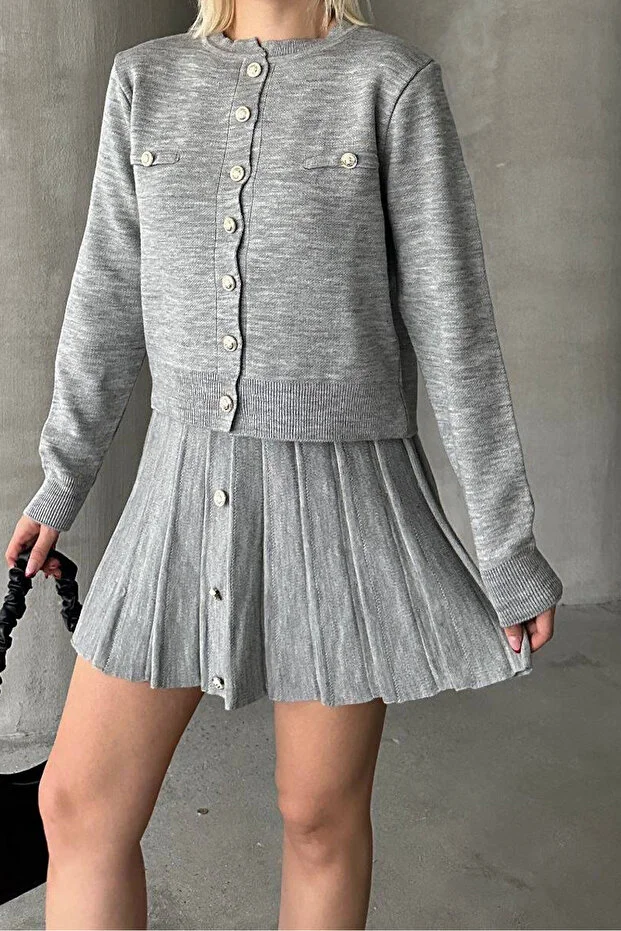 Kadın Triko Mini Etek Hırka Takım – Gri