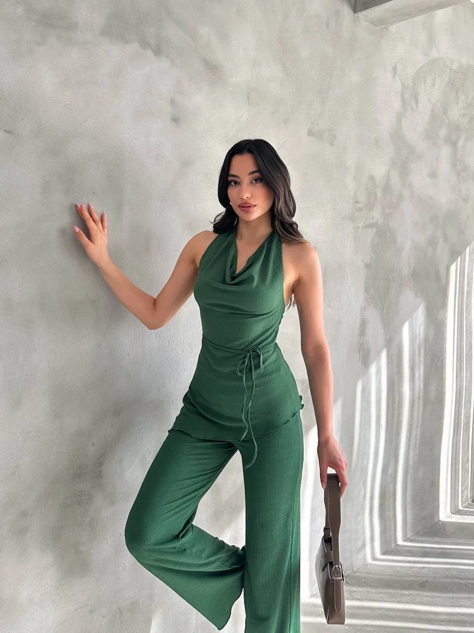 Kadın Yeşil Degaje Yaka Bluz ve Pantolon İkili Takım