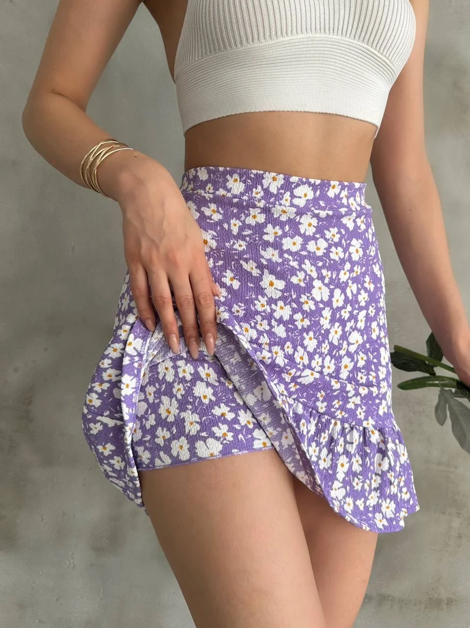 Kadın Lila Çiçek Desenli Mini Şort Etek