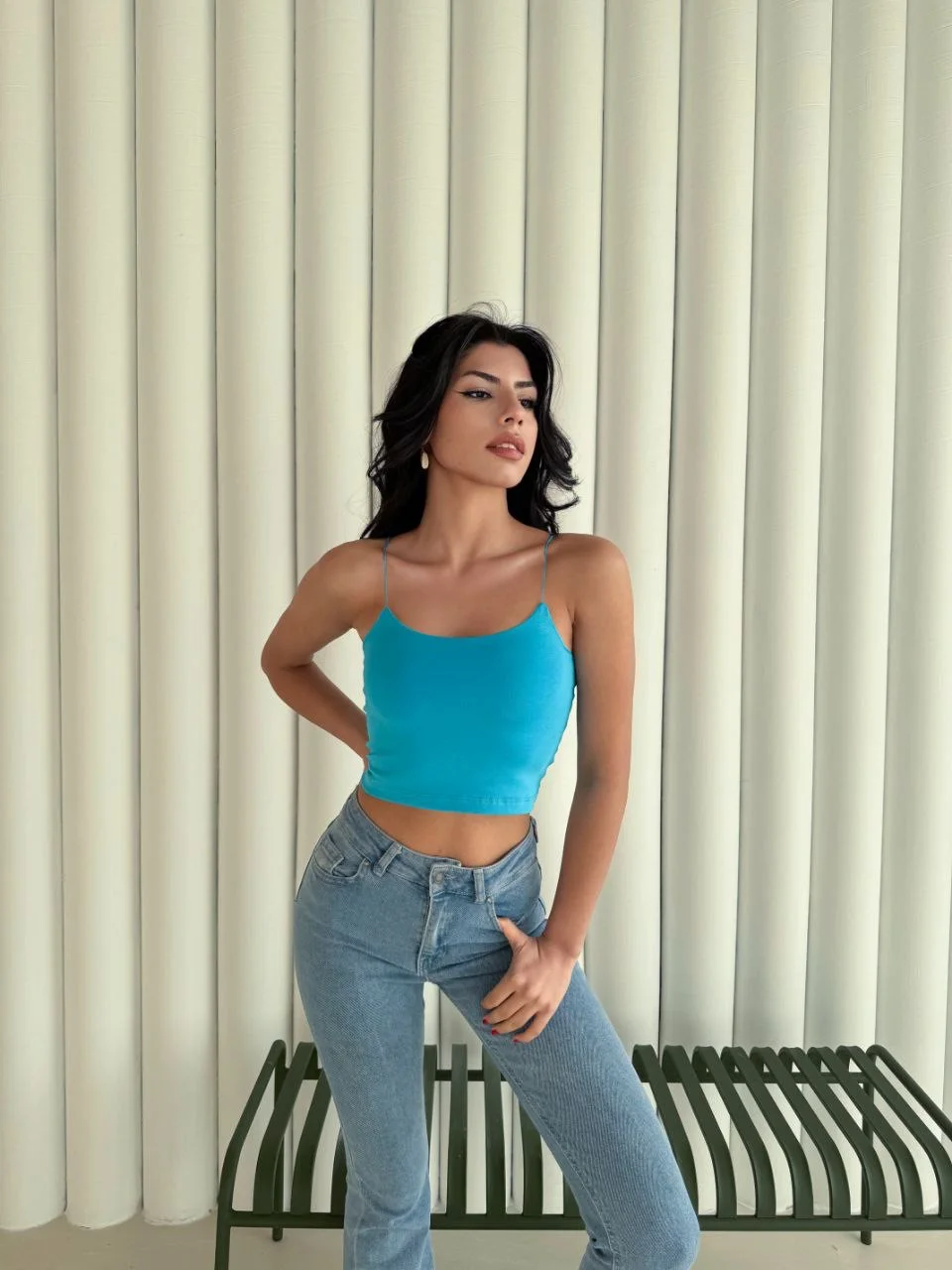 Kadın İp Askılı Kısa Crop - Mavi