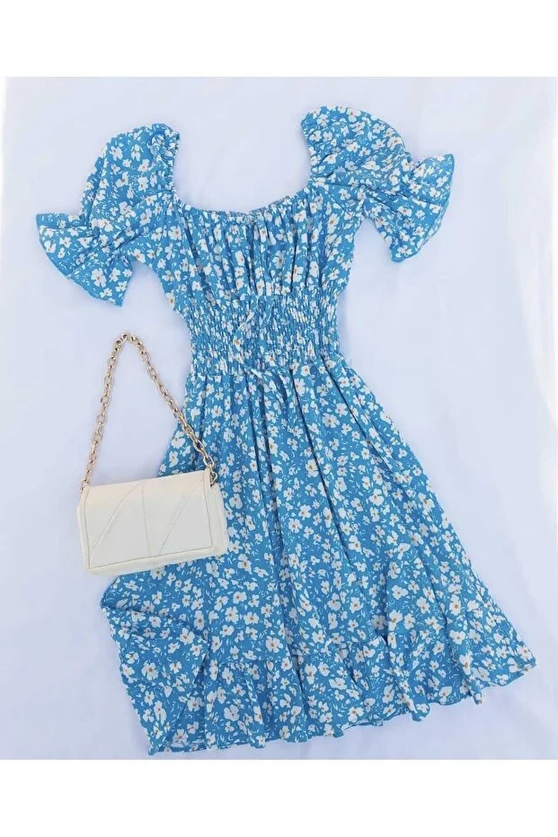 Çiçek Desenli Mini Kayık Yaka Elbise – Mavi