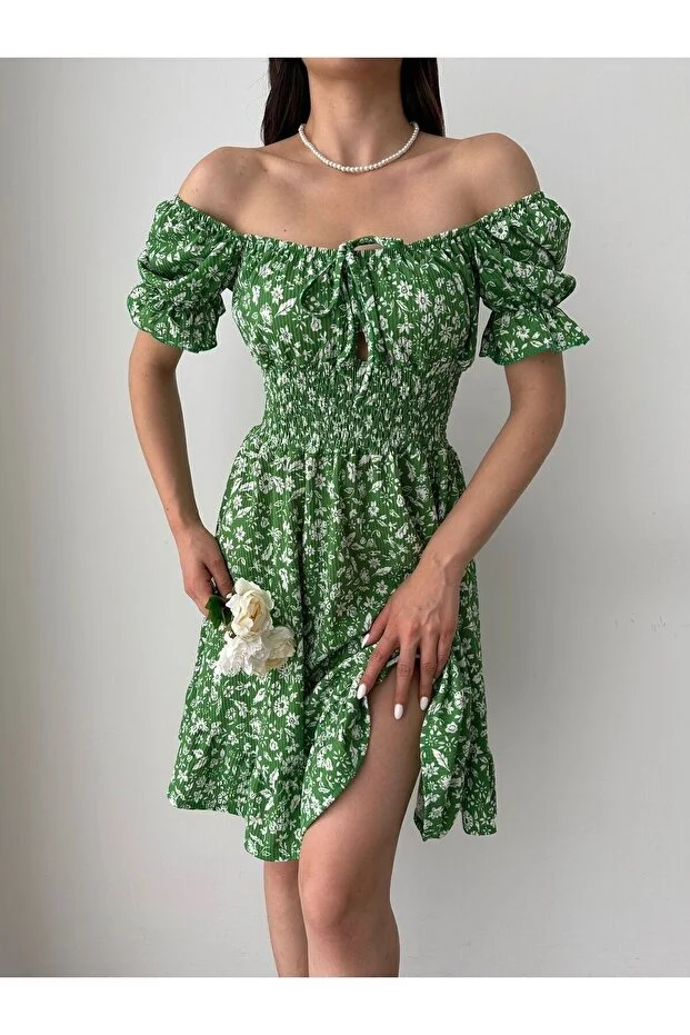 Kayık Yaka Büzgü Detaylı Mini Elbise - Yeşil