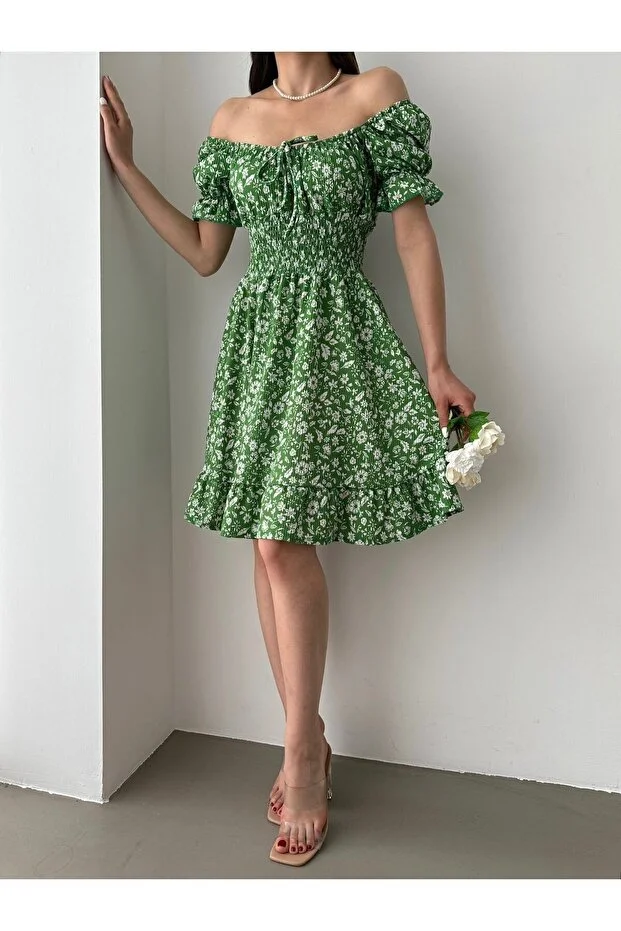 Kayık Yaka Büzgü Detaylı Mini Elbise - Yeşil