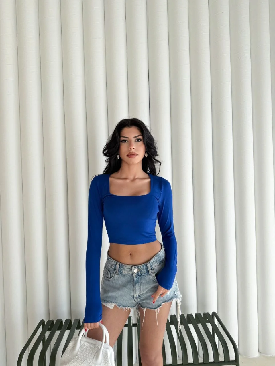 Kadın Kare Yaka Uzun Kol Bluz - Mavi