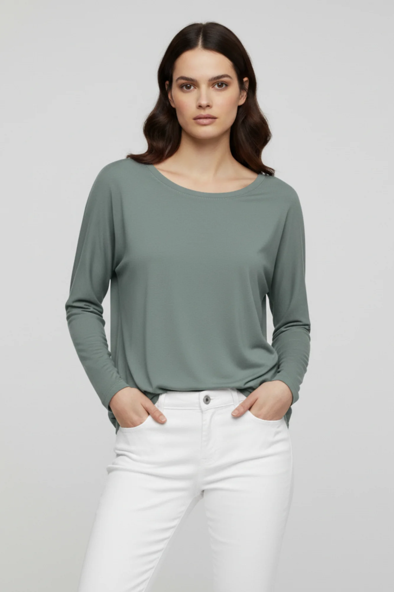 Yeşil Basic Uzun Kollu Viskon Kadın Bluz
