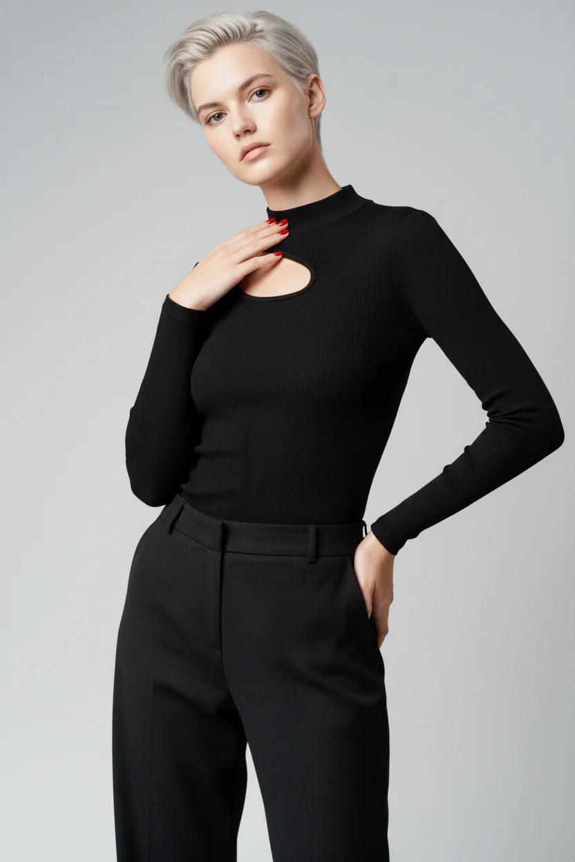 Balıkçı Yaka Kaşkorse Cut Out Detaylı Bluz - Siyah