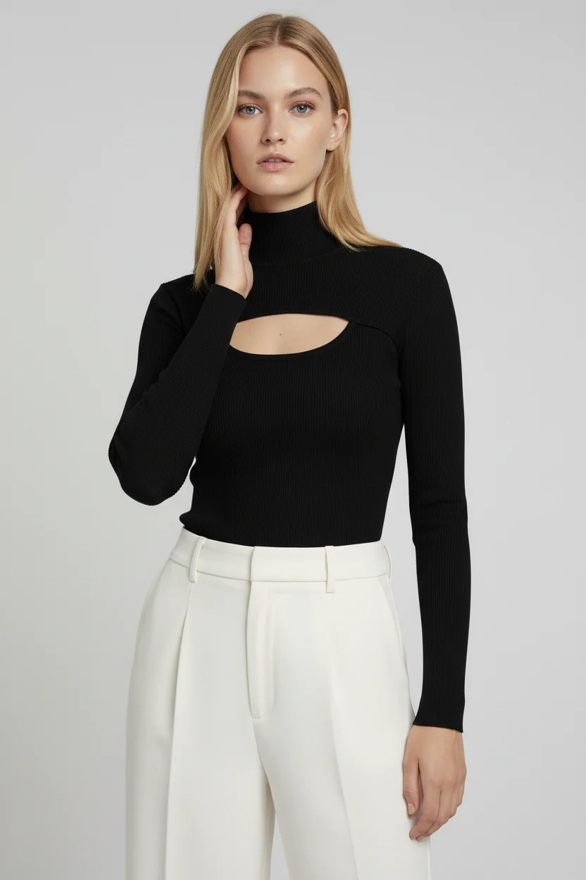 Balıkçı Yaka Cut Out Kesimli Fitilli Pamuklu Bluz - Siyah