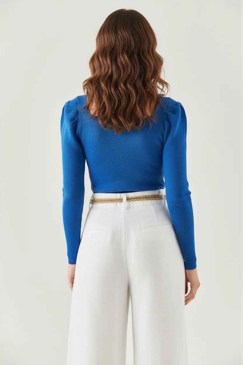 Kare Yaka Prenses Kol Kaşkorse Bluz - Saks Mavi