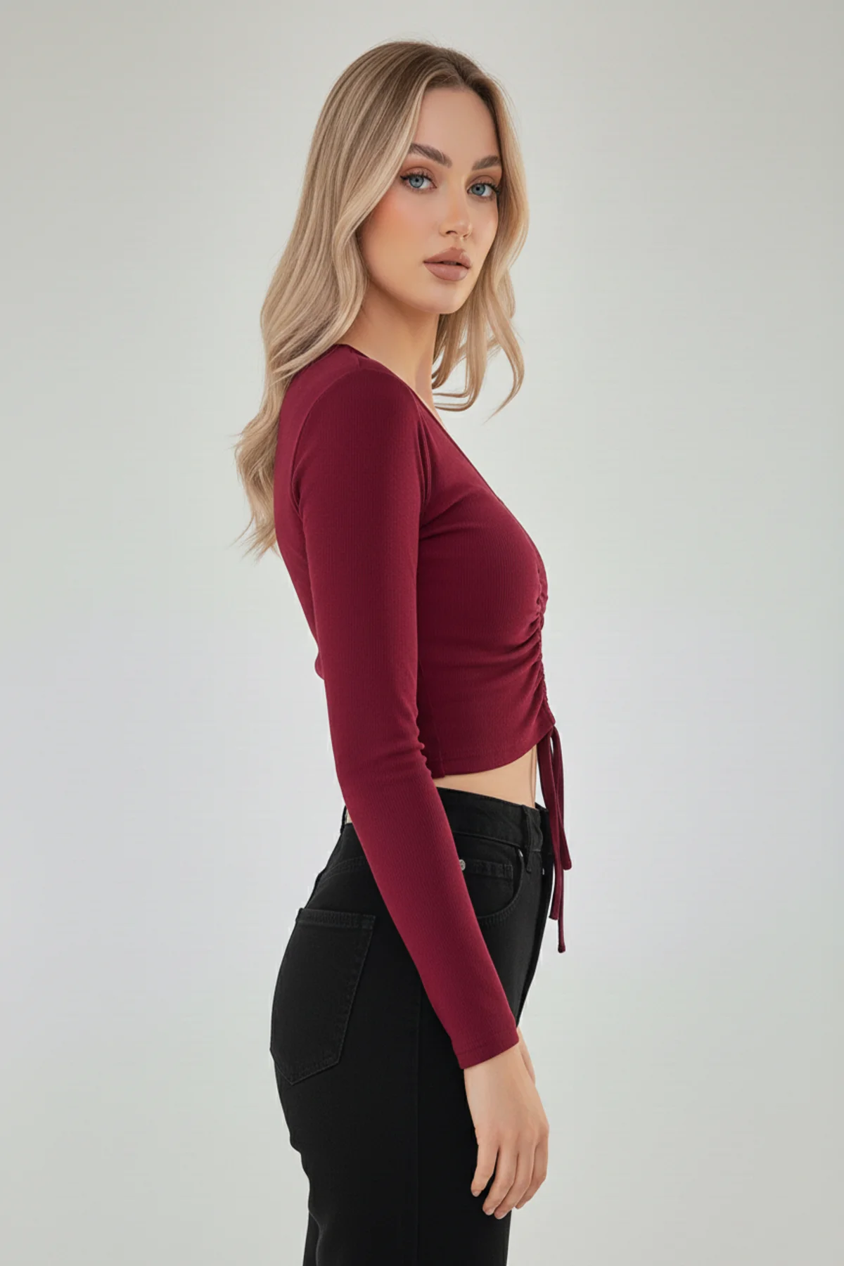 Kaşkorse Büzgülü Crop Bluz - Bordo