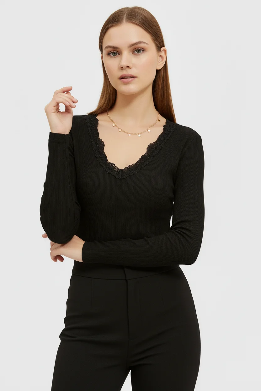 Önü ve Arkası V Yaka Dantel Detaylı Kaşkorse Pamuklu Uzun Kollu Bluz - Siyah
